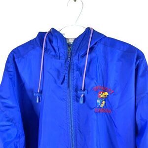 Vintage 90s Mens M Kansas Jayhawks Hooded Windbreaker Jacket Full Zip Blue Nylon